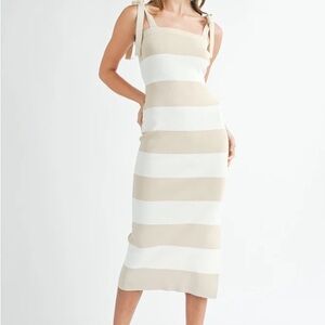 MARBLE Beige and White Striped Midi Dress